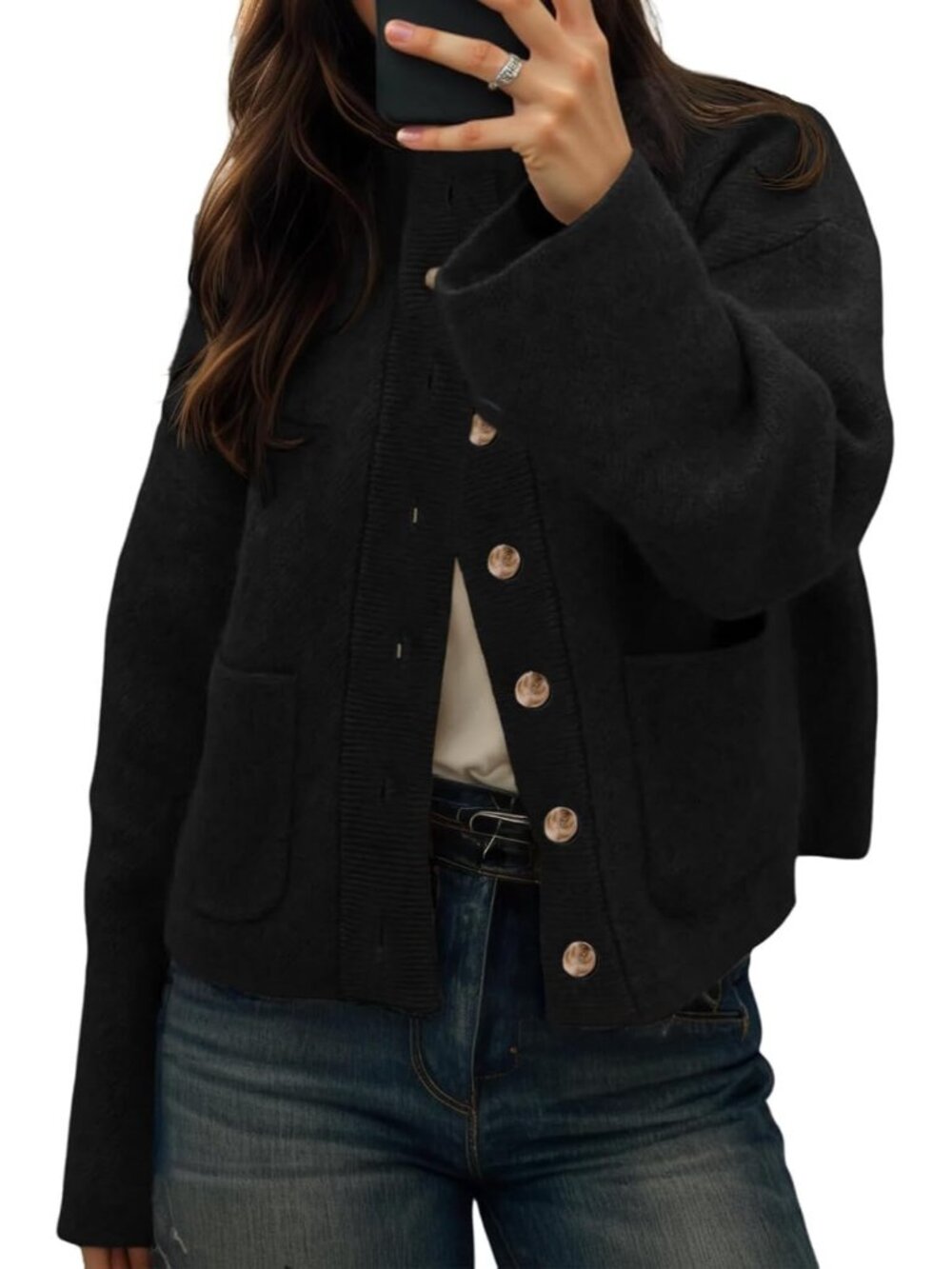 Women Black Mock Neck Chunky Knit Button-down Front Patch Pockets Cozy Jacket